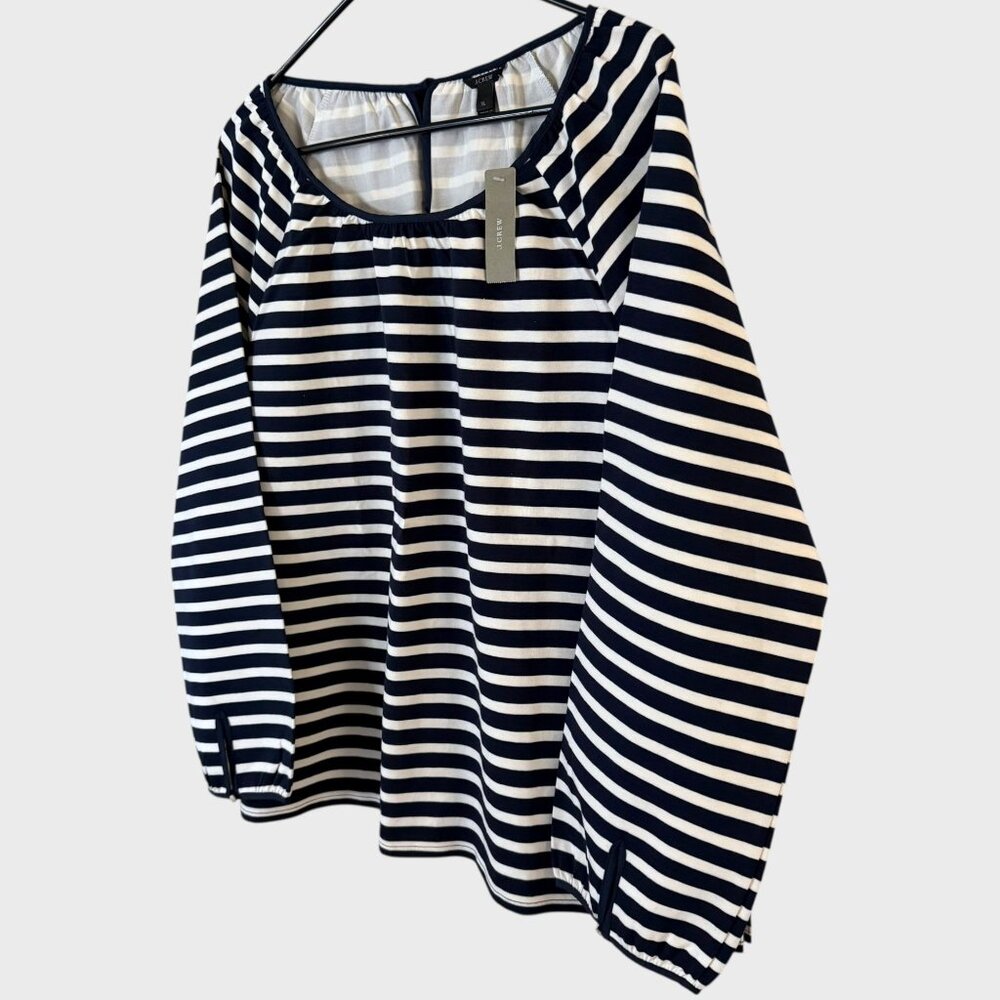J.Crew Striped Raglan Tie-Back Peasant Blouse Top Black White Women's XL New - Picture 2 of 14